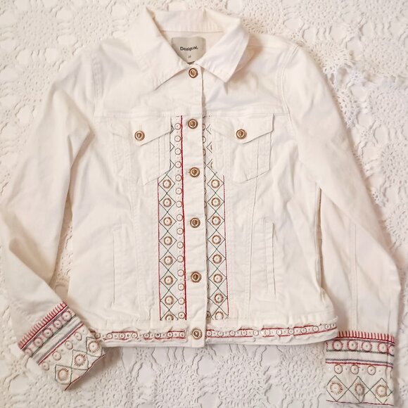 Desigual Jean Jacket Ivory Embroidered Stretch Pockets Colorful 38 Medium Women - Picture 1 of 11